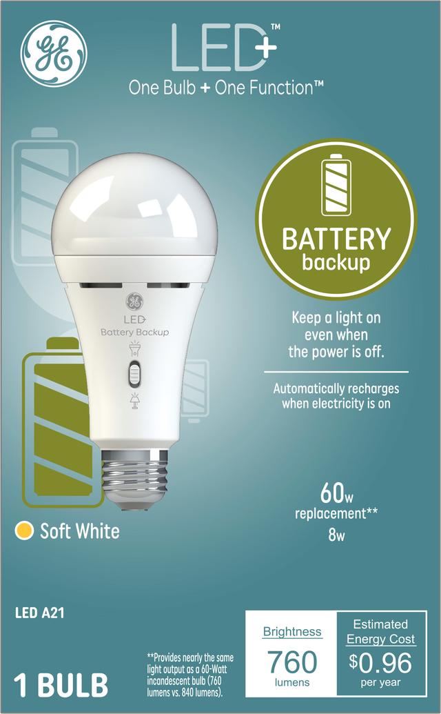 GE LED+ Battery Backup LED Light Bulbs, General Purpose, A21 Bulbs, 8 Watts (1 Pack)