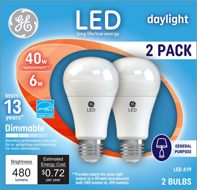 GE Classic LED 40 Watt Replacement, Daylight, A19 General Purpose Bulbs (2 Pack)
