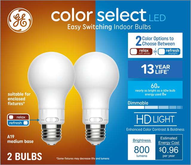 GE Color Select LED 60 Watt Replacement, A19 General Purpose Bulbs (2 Pack)