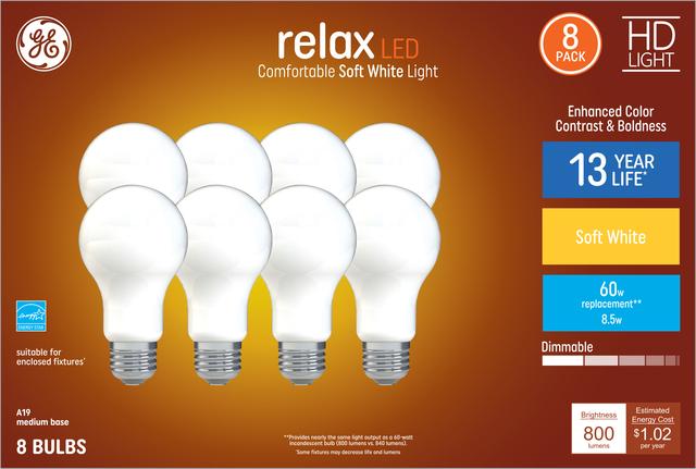 GE Relax HD LED 60 Watt Replacement, Soft White, A19 General Purpose Bulbs (8 Pack)