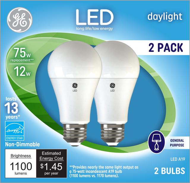GE Classic LED 75 Watt Replacement, Daylight, A19 General Purpose Bulbs (2 Pack)