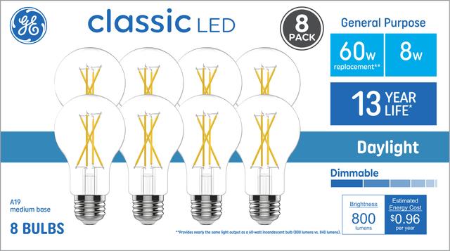 GE Classic LED 60 Watt Replacement, Daylight, A19 General Purpose Bulbs (8 Pack)