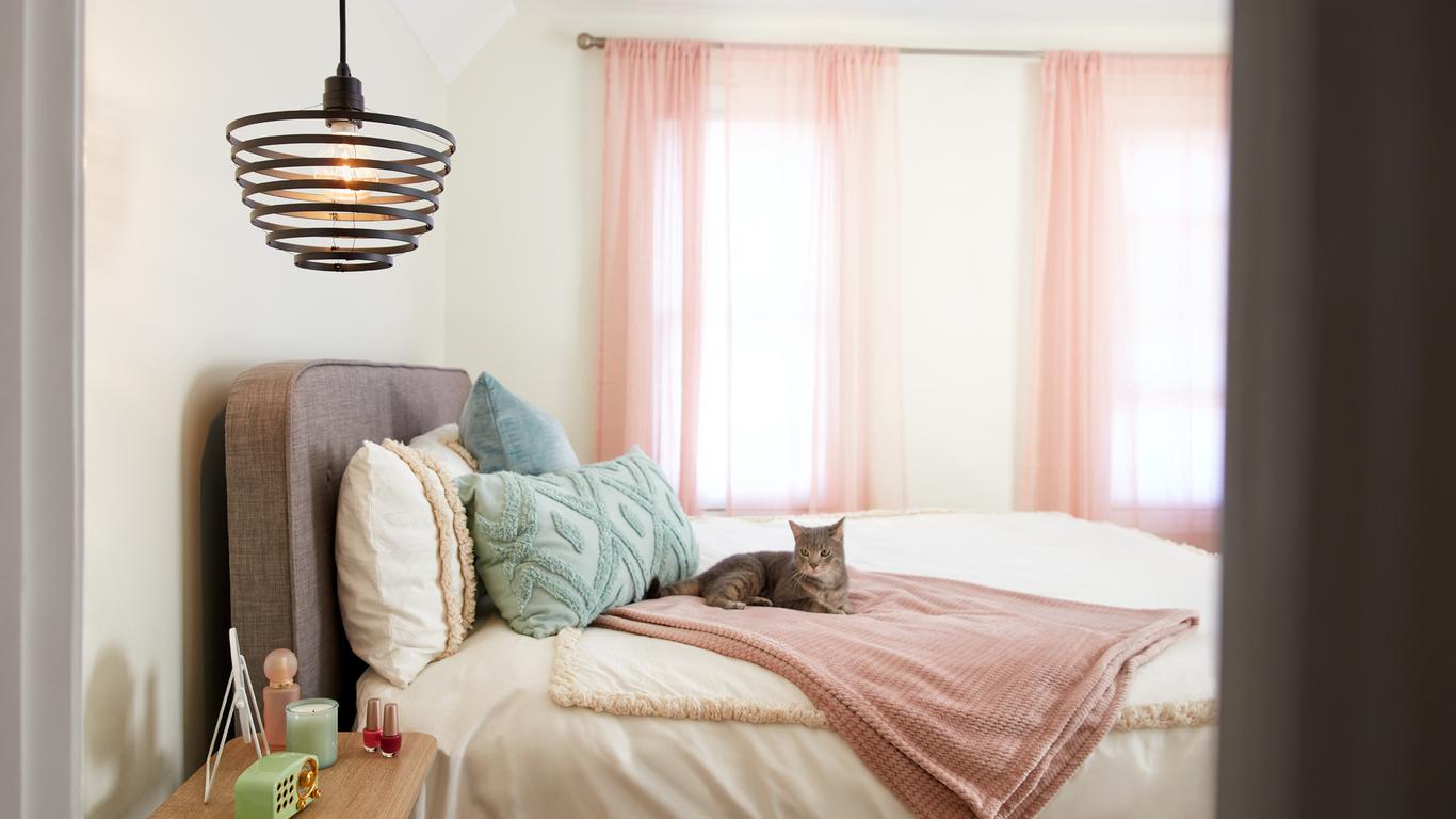Bedroom with smart bulb ceiling fixture