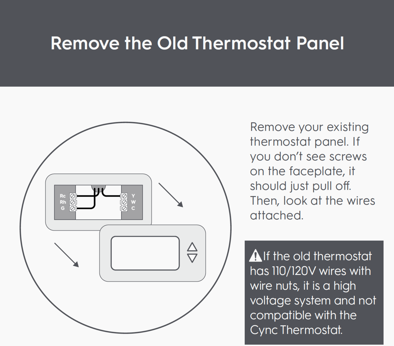 Smart thermostat installation: A visual showing how the faceplate is removed