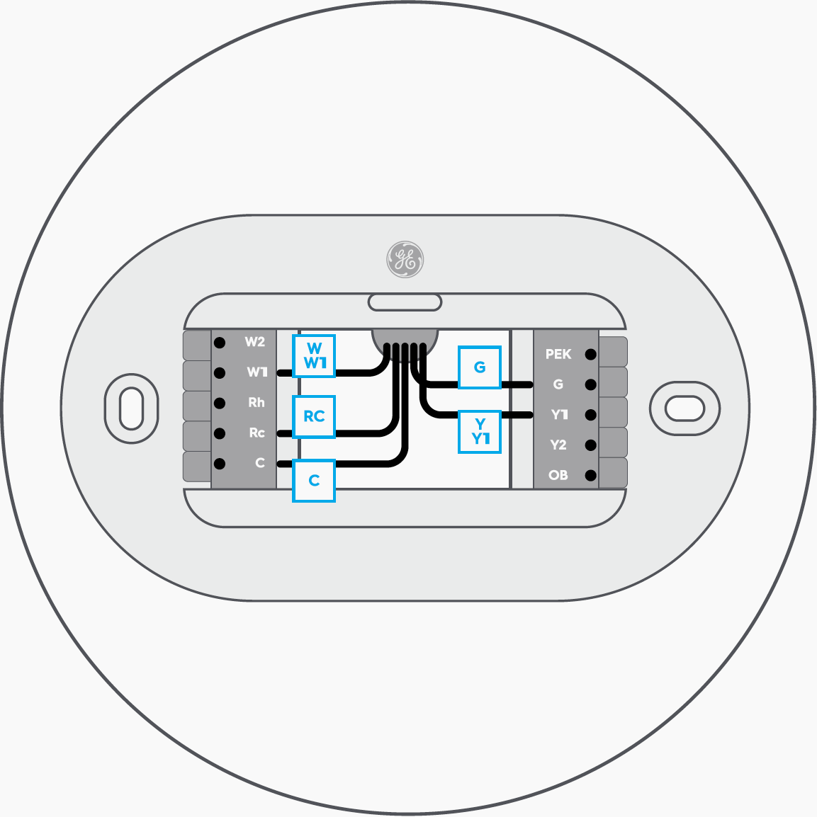 Smart thermostat installation: Chart and diagram showing which labeled wire should lead to which thermostat terminal.
