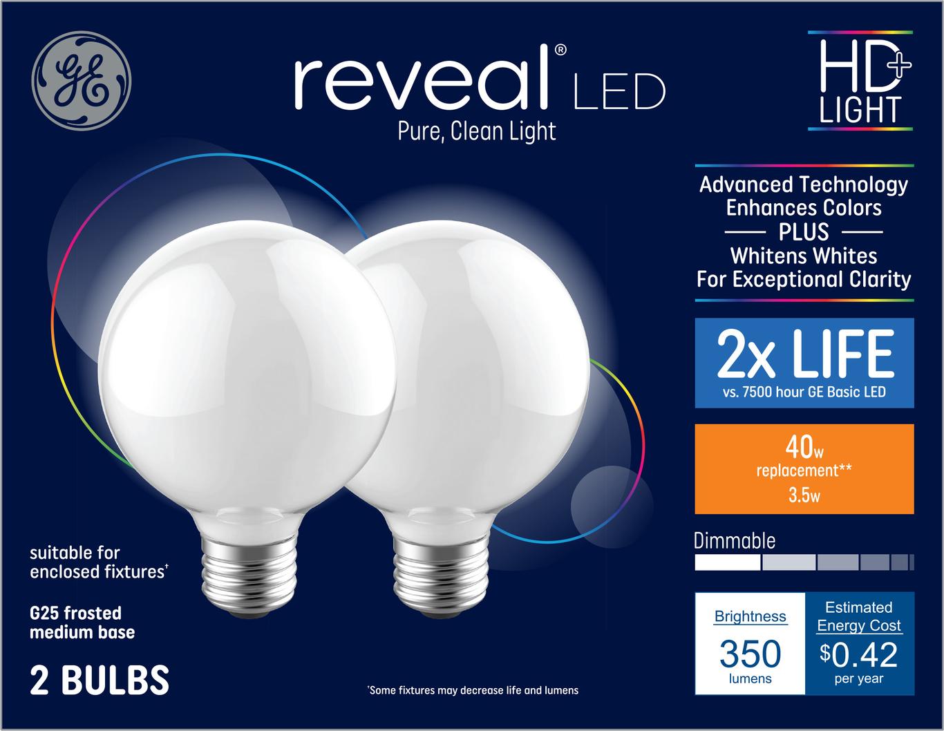 GE Reveal HD+ LED 40 Watt Replacement, Reveal, G25 Vanity Globe Bulbs