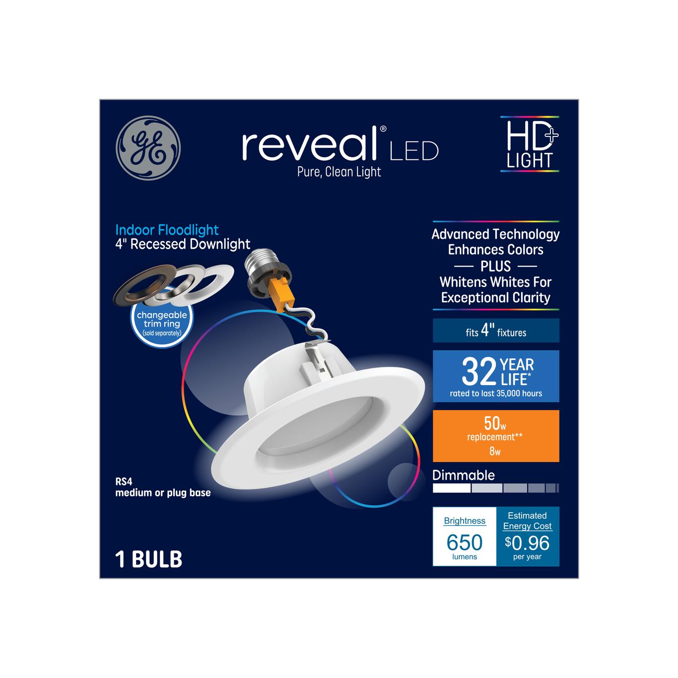 GE Reveal HD+ RS4 LED Recessed Downlight Fixture, 50 Watt Replacement, 4in