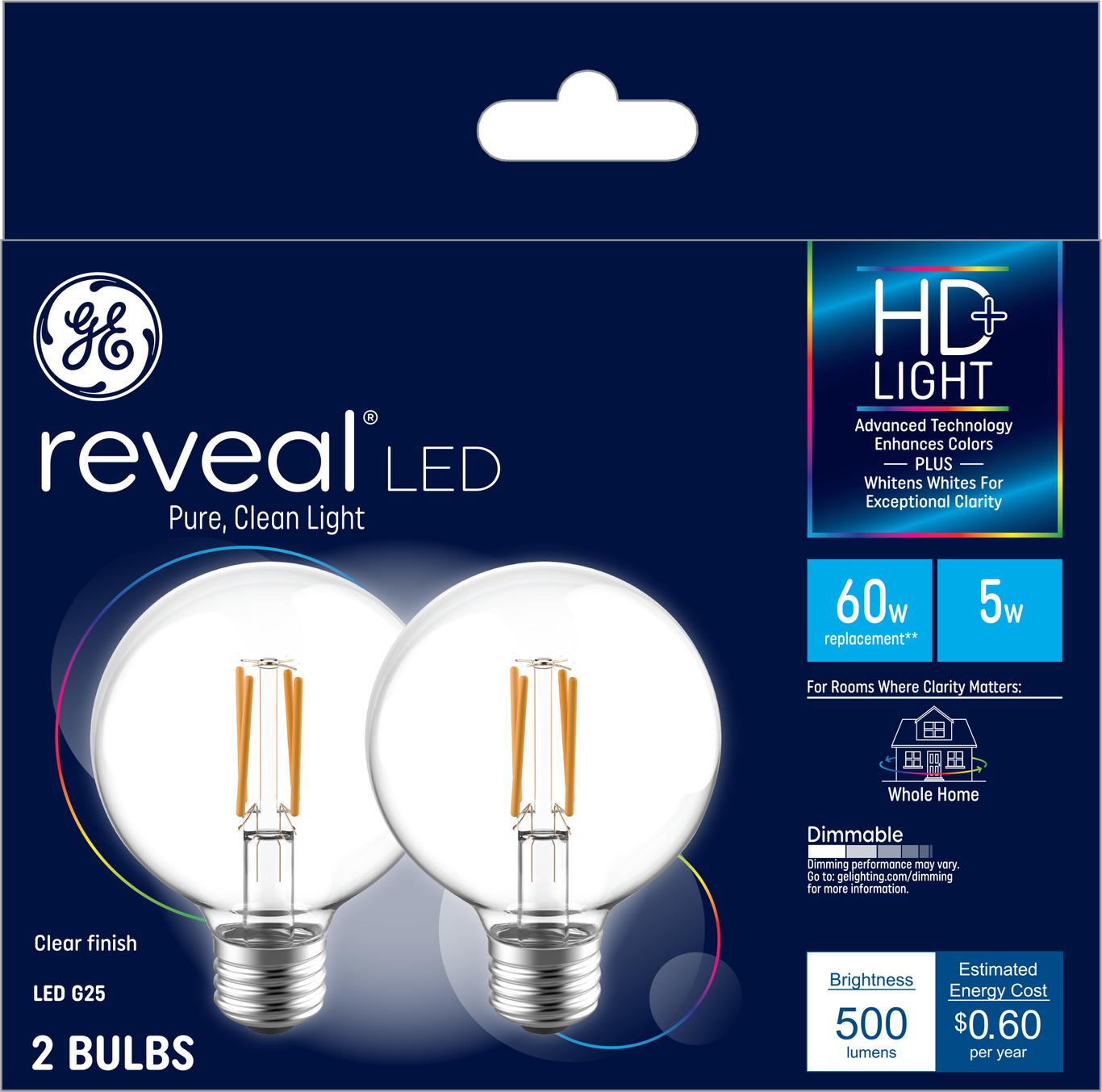 GE Reveal HD+ LED 60 Watt Replacement, Reveal, G25 Vanity Globe Bulbs (2 Pack)