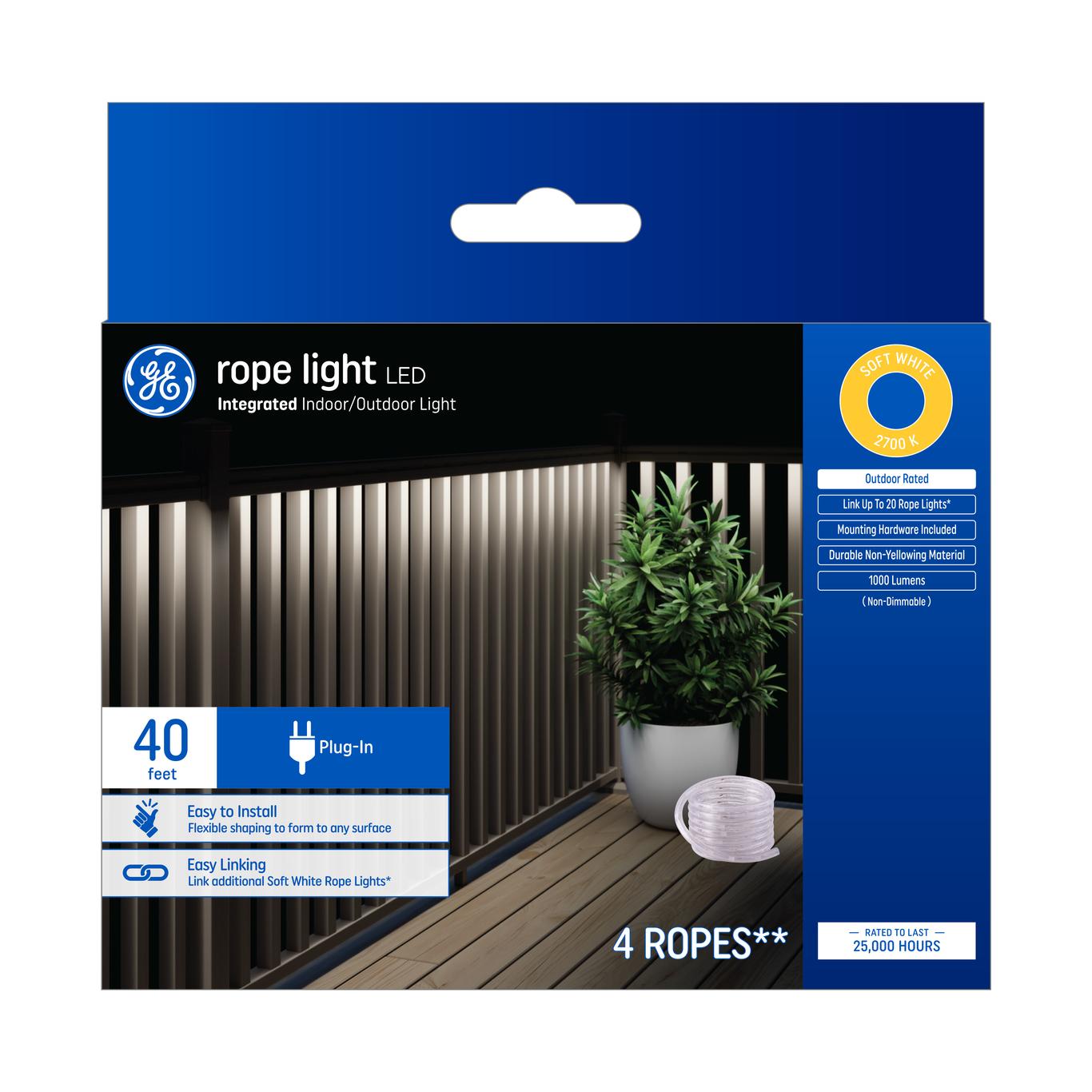 GE Rope Light Soft White 24W LED Outdoor Rated 40ft Plug-In Light Fixture