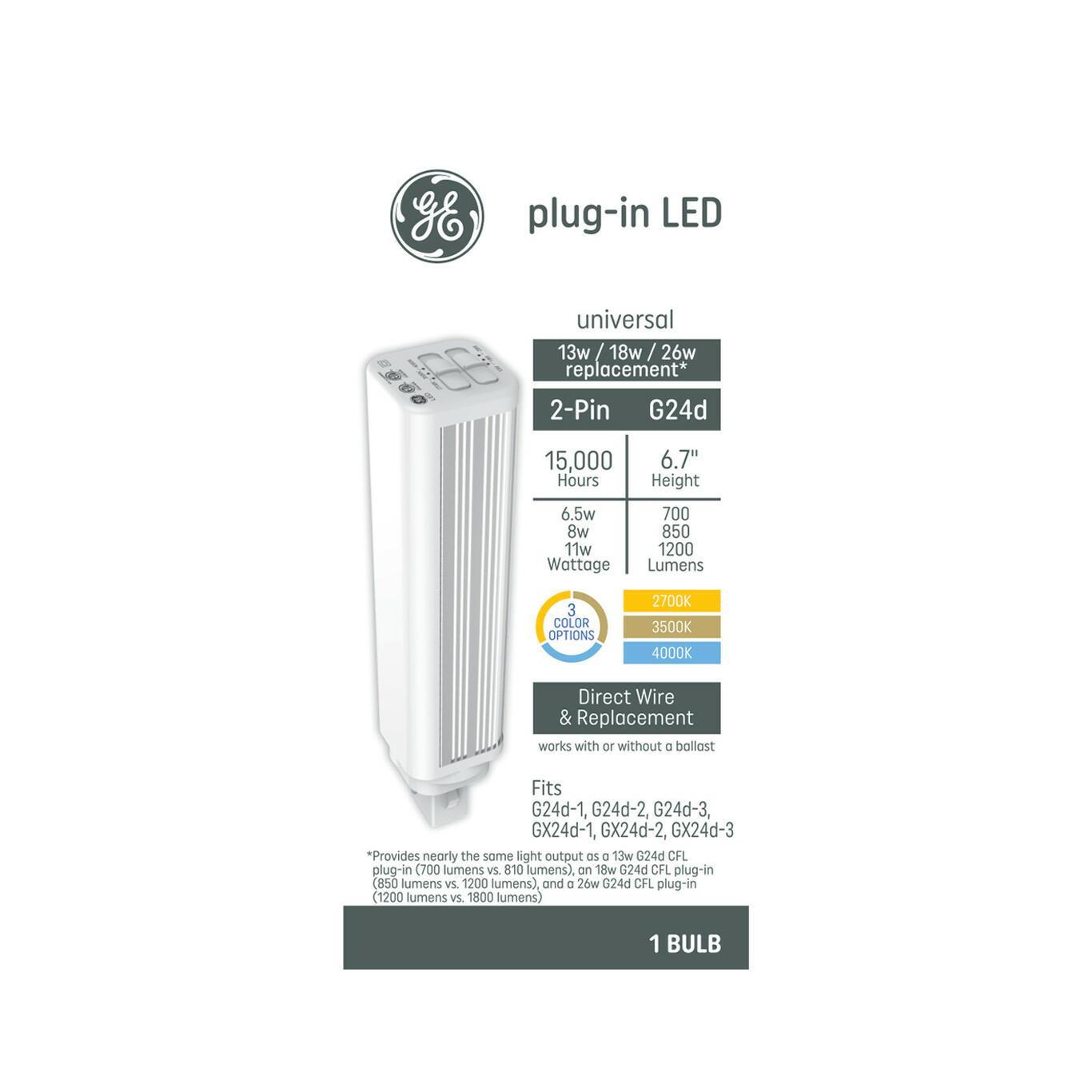 GE Plug-In LED Light Bulb, 13W/18W/26W Replacement, 2-Pin G24d Base ...