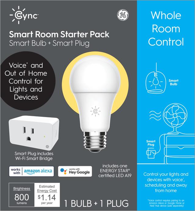 Pack de démarrage GE Cync Smart Room (prise intelligente + A19 ampoule intelligente blanc doux)