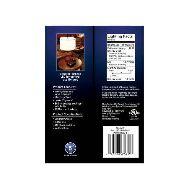 GE Classic LED 60 Watt Replacement, Soft White, A19 General Purpose Bulbs (4 Pack)