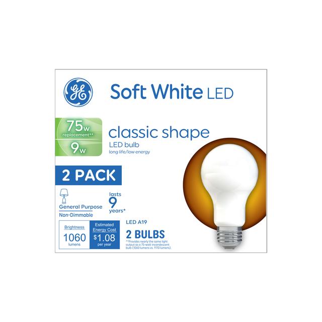GE Basic LED 75 Watt Replacement, Soft White, A19 General Purpose Bulbs (2 Pack)