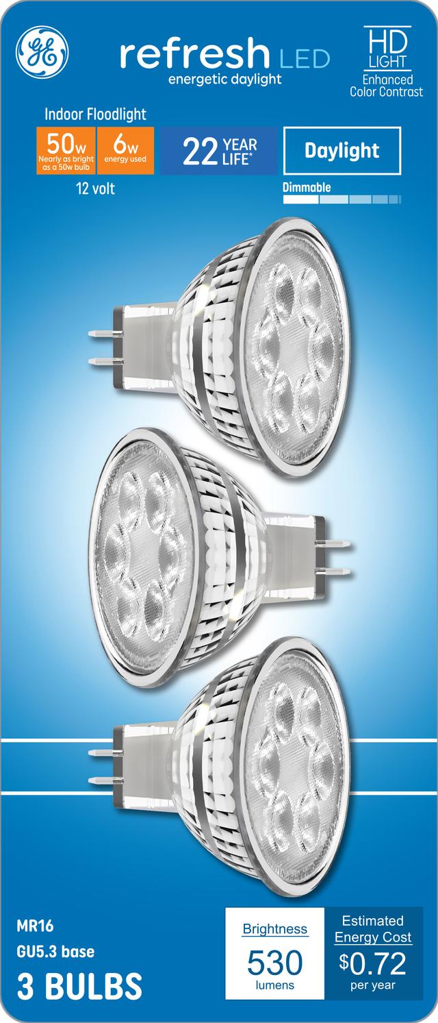 GE Refresh HD LED 50 Watt Replacement, Daylight, MR16 Indoor Floodlight Bulbs (3 Pack)