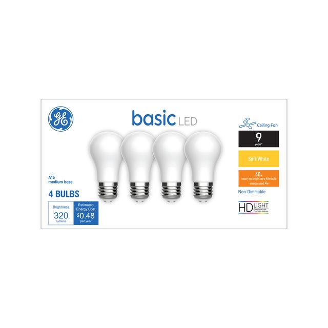 GE Basic LED 40 Watt Replacement, Soft White, A15 Ceiling Fan Bulbs (4 Pack)
