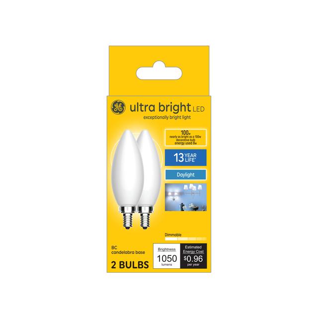 GE Ultra Bright LED 100 Watt Replacement, Daylight, B12 Deco - Candle Bulbs (2 Pack)