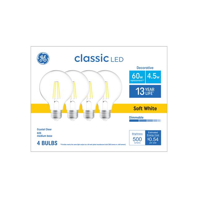 GE Classic LED 60 Watt Replacement, Soft White, G25 Deco - Globe Bulbs (4 Pack)