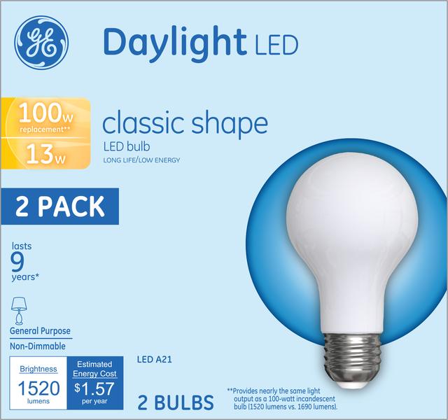 GE Basic LED 100 Watt Replacement, Daylight, A21 General Purpose Bulbs (2 Pack)