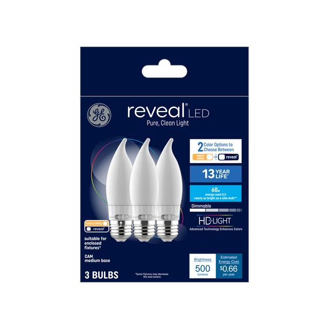 GE Reveal HD+ LED 60 Watt Replacement, Reveal, CA11 Deco - Candle Bulbs (3 Pack)