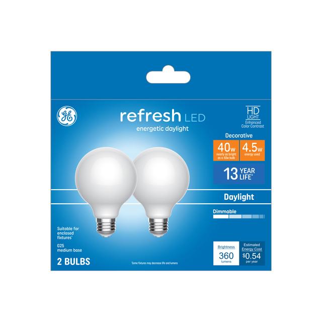 GE Refresh HD LED 40 Watt Replacement, Daylight, G25 Vanity - Globe Bulbs (2 Pack)