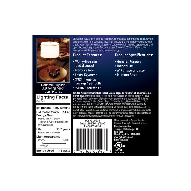 GE Classic LED 75 Watt Replacement, Soft White, A19+ General Purpose Bulbs (2 Pack)