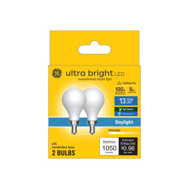 GE Ultra Bright LED 100 Watt Replacement, Daylight, A15 Ceiling Fan Bulbs (2 Pack)