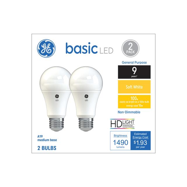 GE Basic LED 100 Watt Replacement, Soft White, A19 General Purpose Bulbs (2 Pack)