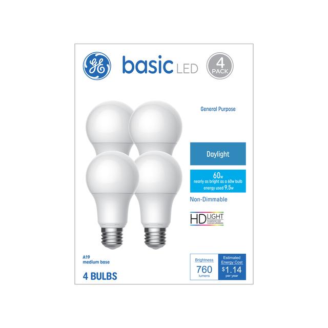 GE Basic LED 60 Watt Replacement, Daylight, A19 General Purpose Bulbs (4 Pack)