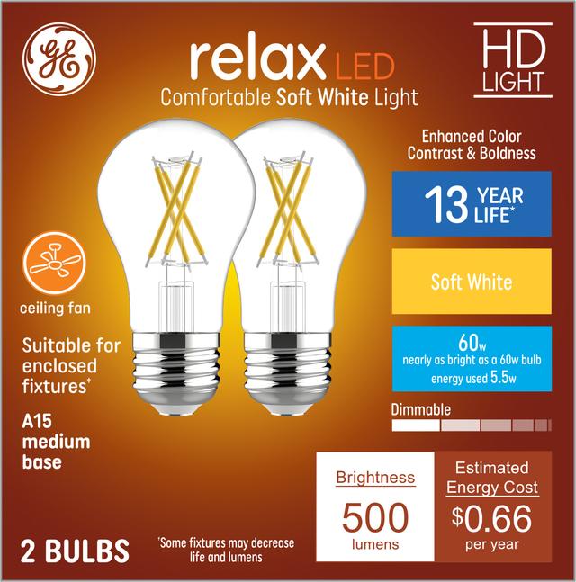 GE Relax HD LED 60 Watt Replacement, Soft White, A15 Ceiling Fan Bulbs (2 Pack)