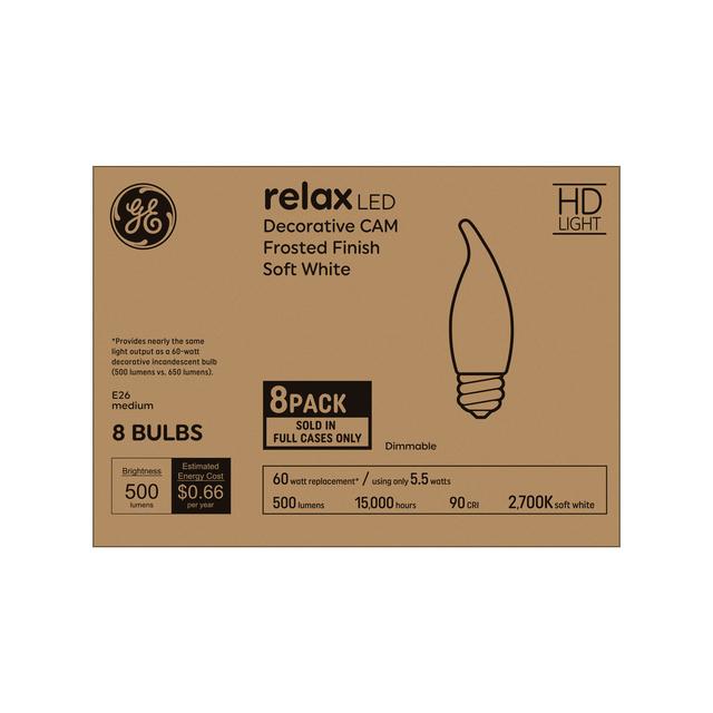 GE Relax HD LED 60 Watt Replacement, Soft White, CA11 Deco - Candle Bulbs (8 Pack)