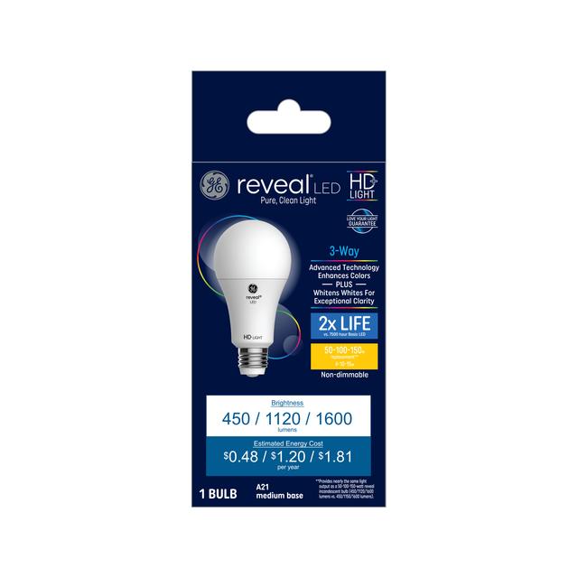 GE Reveal HD+ LED 150/100/50 Watt Replacement, Reveal, A21 3-Way Bulb (1 Pack)