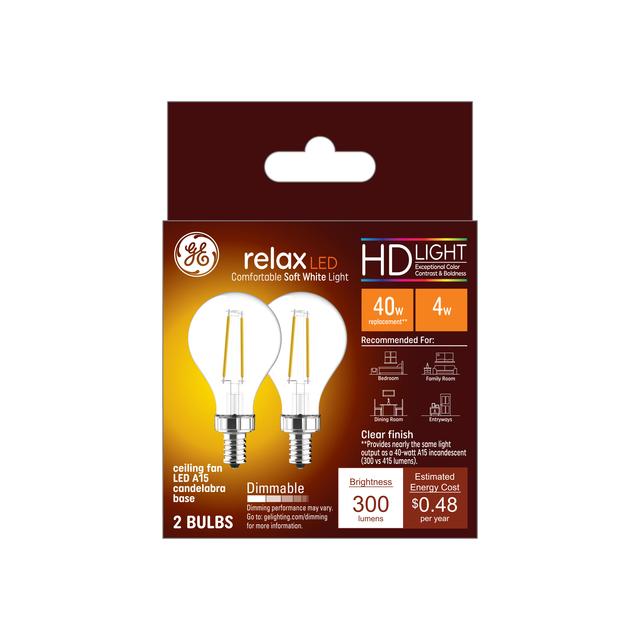 GE Relax HD LED 40 Watt Replacement, Soft White, A15 Ceiling Fan Bulbs (2 Pack)