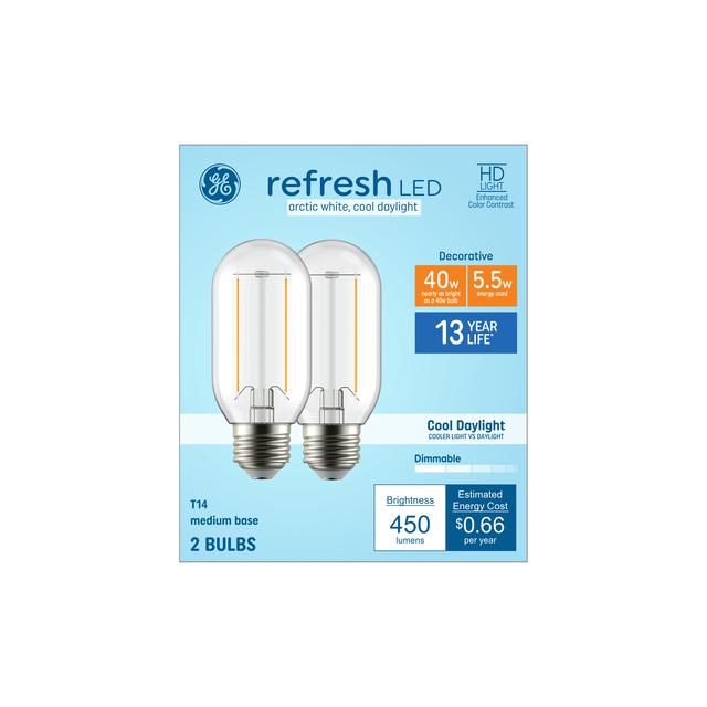 GE Refresh HD LED 40 Watt Replacement, Cool Daylight, T14 Deco - Tubular Bulbs (2 Pack)