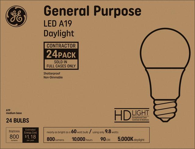 GE Basic LED 60 Watt Replacement, Daylight, A19 General Purpose Bulbs (24 Pack)