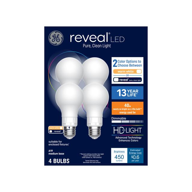 GE Reveal HD+ LED 40 Watt Replacement, Reveal, A19 General Purpose Bulbs (4 Pack)