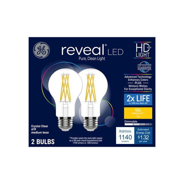GE Reveal HD+ LED 100 Watt Replacement, Reveal, A19 General Purpose Bulbs (2 Pack)