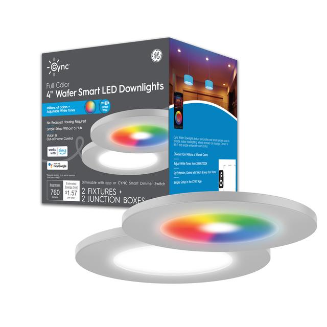 Front package of Cync Full Color 4-Inch Smart LED Downlights (2 LED Fixtures), Bluetooth/Wifi Enabled, Works With Alexa, Google Assistant Without Hub