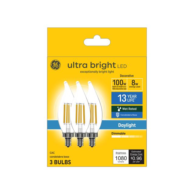GE Ultra Bright LED 100 Watt Replacement, Daylight, CA12 Deco - Candle Bulbs (3 Pack)