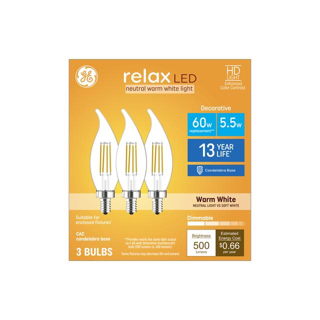 GE Relax HD LED 60 Watt Replacement, Warm White, CA11 Deco - Candle Bulbs (3 Pack)