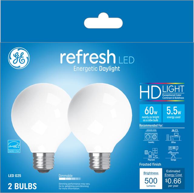 Front package of GE Refresh HD Daylight 60W Replacement LED Light Bulbs Decorative Globe White Medium Base G25 (2-Pack)