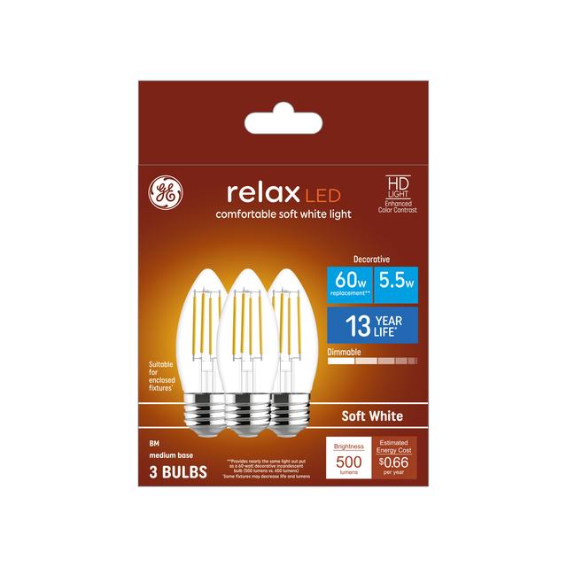 GE Relax HD LED 60 Watt Replacement, Soft White, B11 Deco - Candle Bulbs (3 Pack)