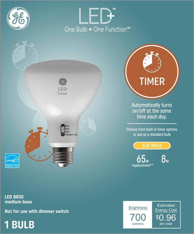 Front package of GE LED+ Timer Soft White 65W Replacement LED Indoor Floodlight BR30 Light Bulb (1-Pack)
