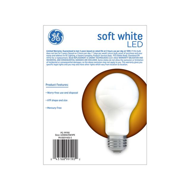Back package of GE Soft White 60W Replacement LED Frosted General Purpose A19 Light Bulbs (4 Pack)