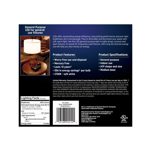 Back package of GE Soft White LED 40W Replacement General Purpose A19 Light Bulbs (6-Pack)