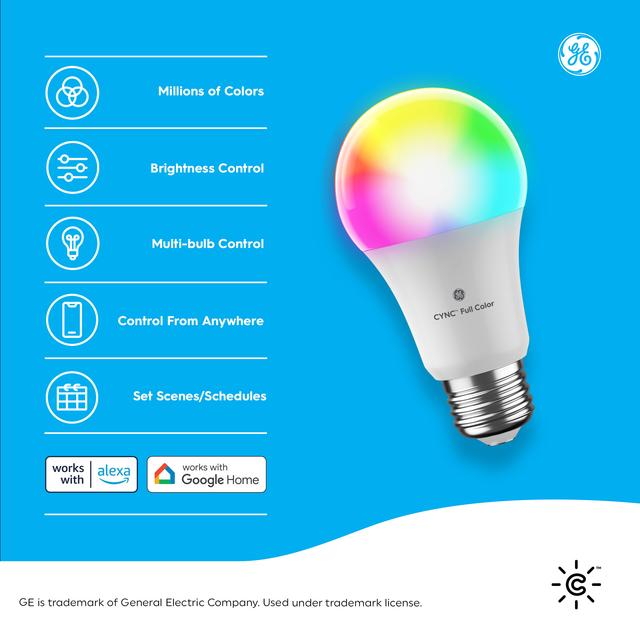 Back package of Cync Full Color Direct Connect Smart Bulb (1 LED A21 Bulb), 100W Replacement, Bluetooth/Wifi Enabled, Works With Alexa, Google Assistant Without Hub