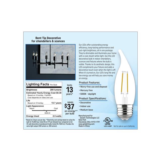 GE Classic LED 25 Watt Replacement, Daylight, CA11 Deco - Candle Bulbs (4 Pack)
