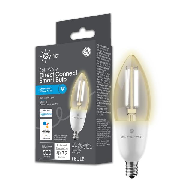 Front package of Cync Soft White Direct Connect Smart Bulb (1 LED Decorative Candelabra Base Bulb), 60W Replacement, Bluetooth/Wifi Enabled, Works With Alexa, Google Assistant Without Hub