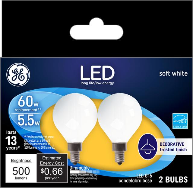 Front package of GE Soft White 60W Replacement LED Light Bulbs Decorative Globe White Candelabra Base GC  (2-Pack)