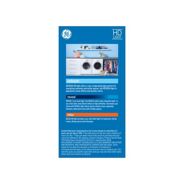 Back package of GE Refresh HD Daylight 150W Replacement LED Light Bulbs General Purpose A21