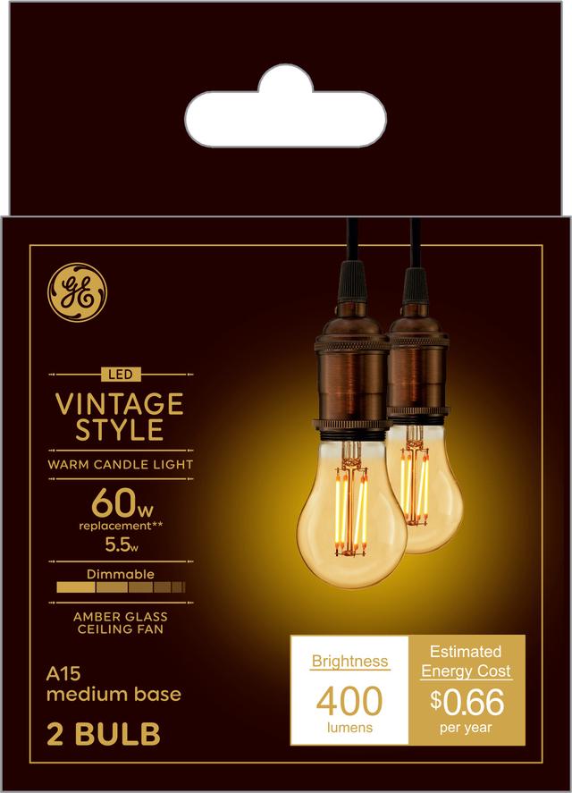 Ge Vintage Warm Candlelight 60w Replacement Led Amber Finish Straight Filament Ceiling Fan A15 Light Bulbs 2 Pack - How To Replace Led Ceiling Fan Light Bulb